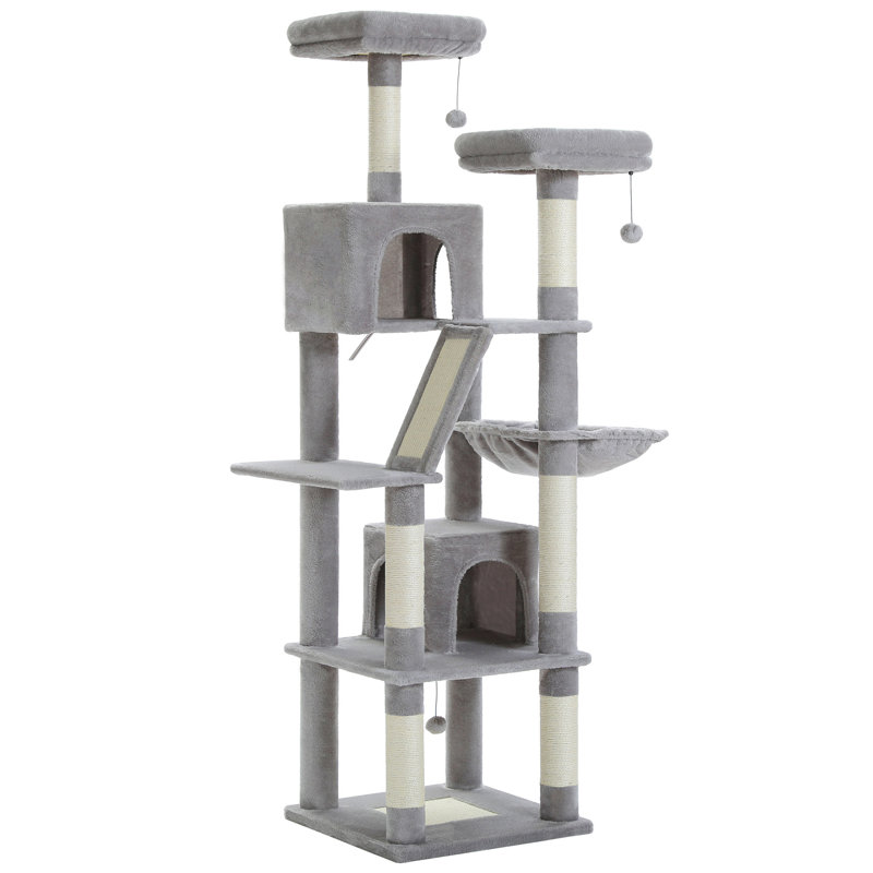 Grand arbre à chat de 180 cm pour chats d'intérieur, poteau à griffes multi-niveaux avec 2 perchoirs, 2 condos, hamac et 2 pompons