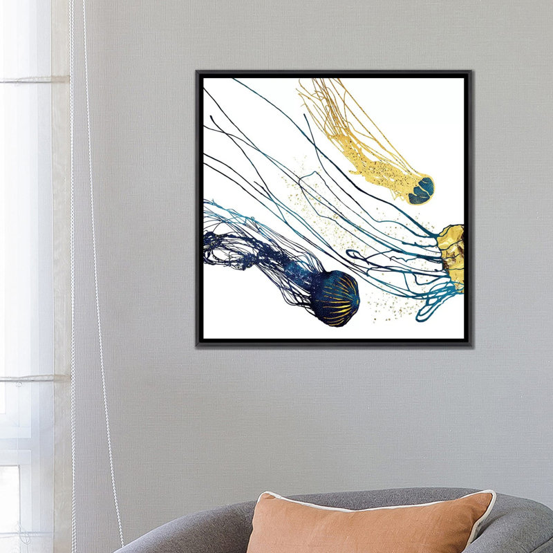 Métallique méduse II - impression d'art graphique, Toile avec cadre noir patiné, Aucun mat, H 26 po x l 26 po x P 1,5 po