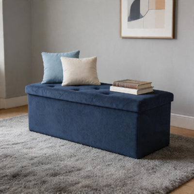 Blue Large Foldable Storage Ottoman, Padded Entryway Bench, Bed End Stool, With Storage Box, For Bedroom Living Room