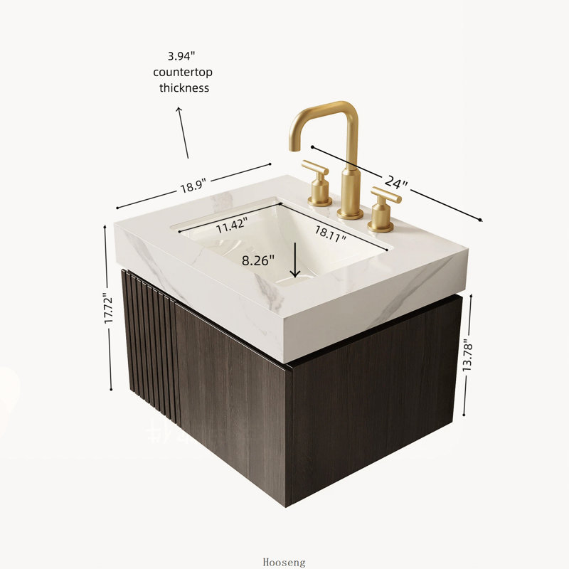 Meuble-lavabo flottant espresso 24 po avec comptoir blanc Carrara, lavabo en céramique et 3 trous de robinet, Espresso
