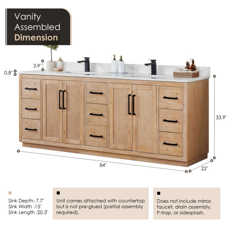 Deach 84" Double Bathroom Vanity with Calacatta White Quartz Countertop without Mirror