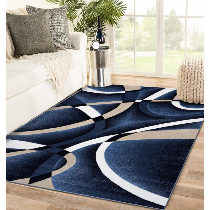 Tapis bleu marine à motif abstrait Catalan, Rectangle 5 pi x 7 pi