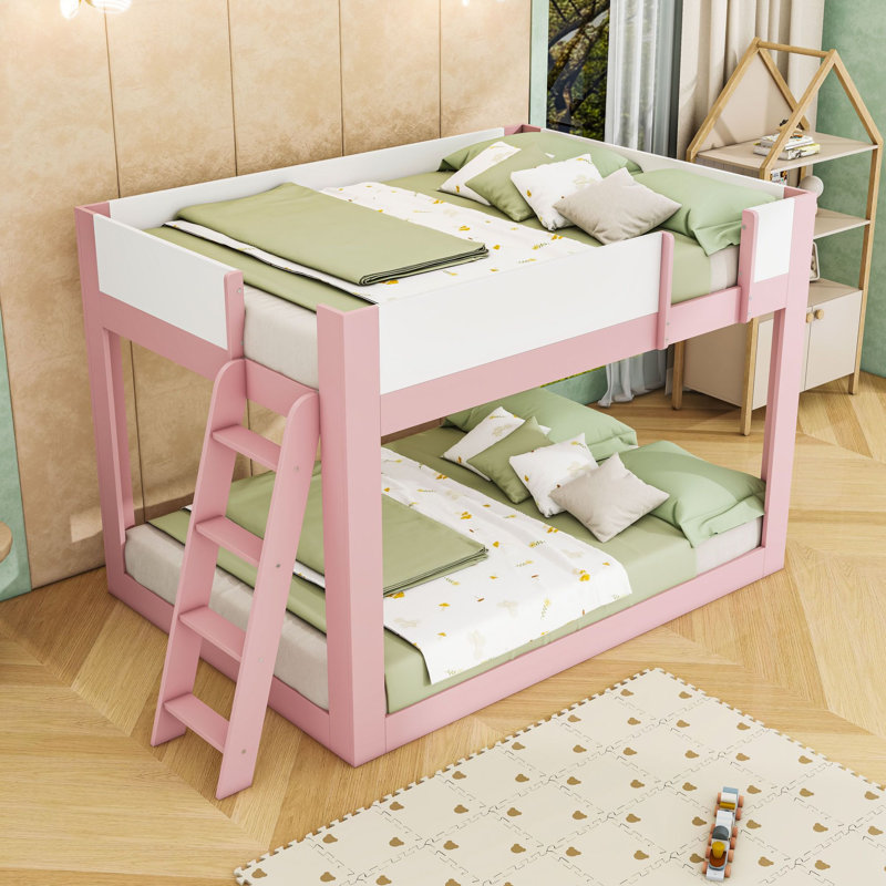 Lit superposé en bois avec échelle réversible et garde-corps, Double sur double, Rose