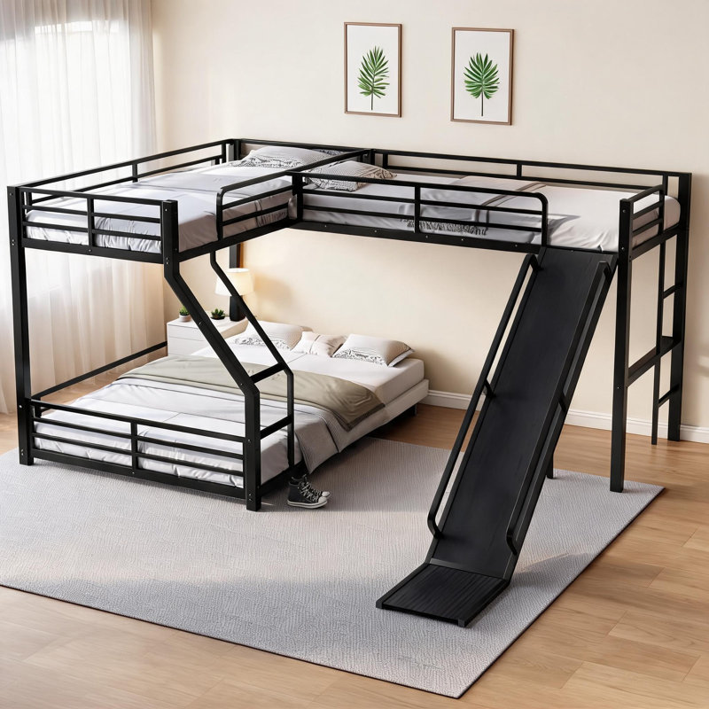 Structure de lit superposé triple de couleur noire pour les chambres partagées et les soirées pyjama, fabrication en métal et en panneau de fibres à densité moyenne avec disposition en forme de L et ports USB intégrés