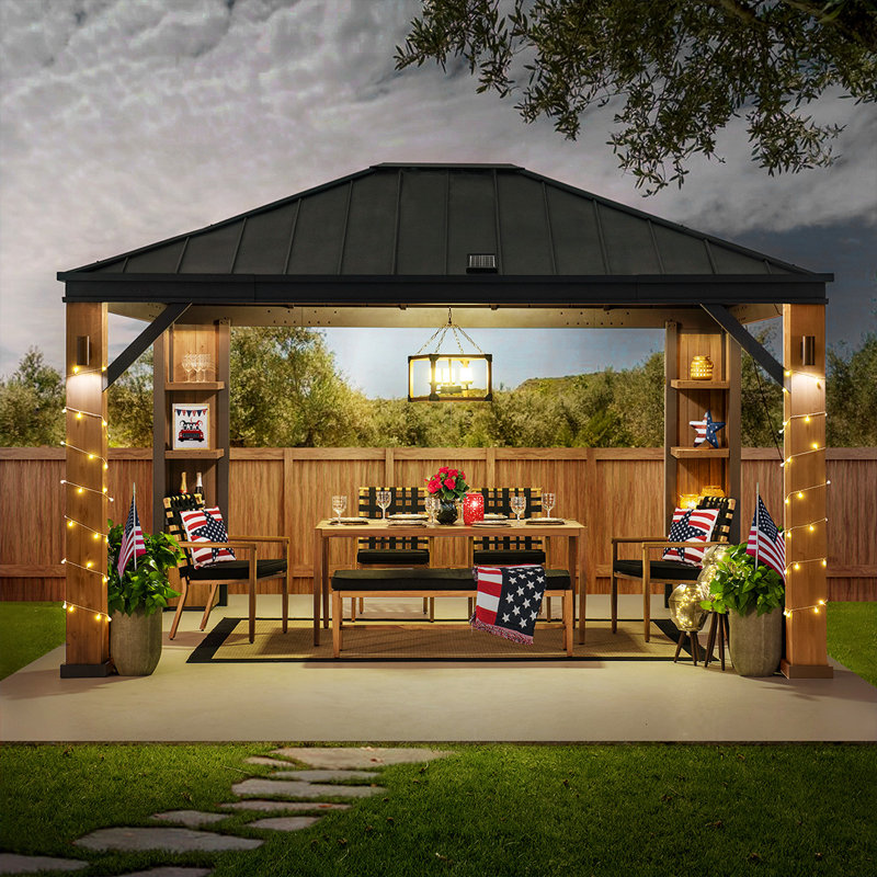 Sunjoy 12 x 14 ft Cedar Wood and Steel Hardtop Gazebo with LED Lighting and Bluetooth Sound