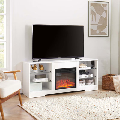 Meuble télé moderne avec foyer électrique, tablettes en verre et lumières DEL