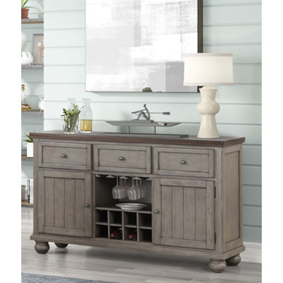 Rustic Two-Tone Server With Powerpack, Ample Storage, And Wine Accessories For Elegant Home Entertainment.