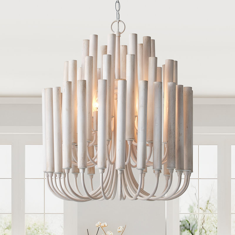 Lustre en bois 5 lumières à 5 niveaux avec chaîne réglable Boho