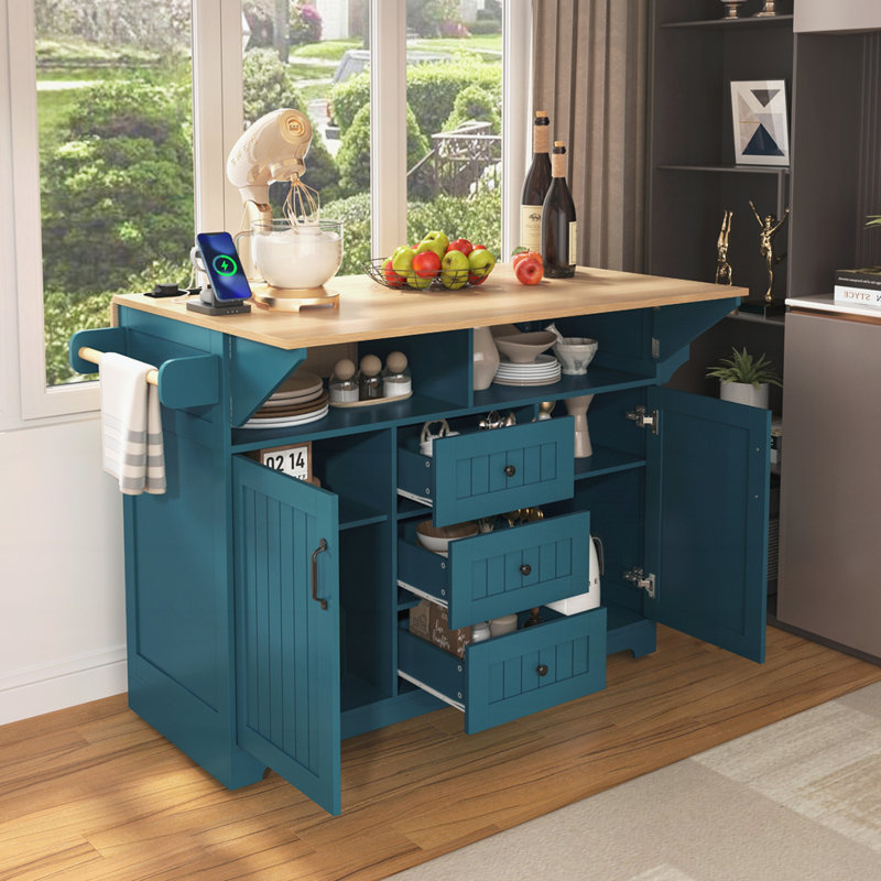 55.7'' Large Kitchen Island With 2 Drop Leaf,Rolling Kitchen Cart On 5 Wheels With Power Outlet, Folding Storage Dining Table With Spice & Towel Rack,3 Drawers