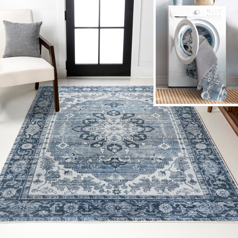 Tapis bleu / crème Sarok Ornate Medallion, Rectangle 2 pi 11 po x 5 pi