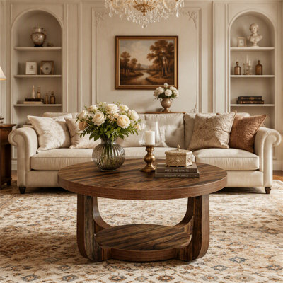 31.5" Coffee Table, Modern 2-Tier Circle Center Table with Storage