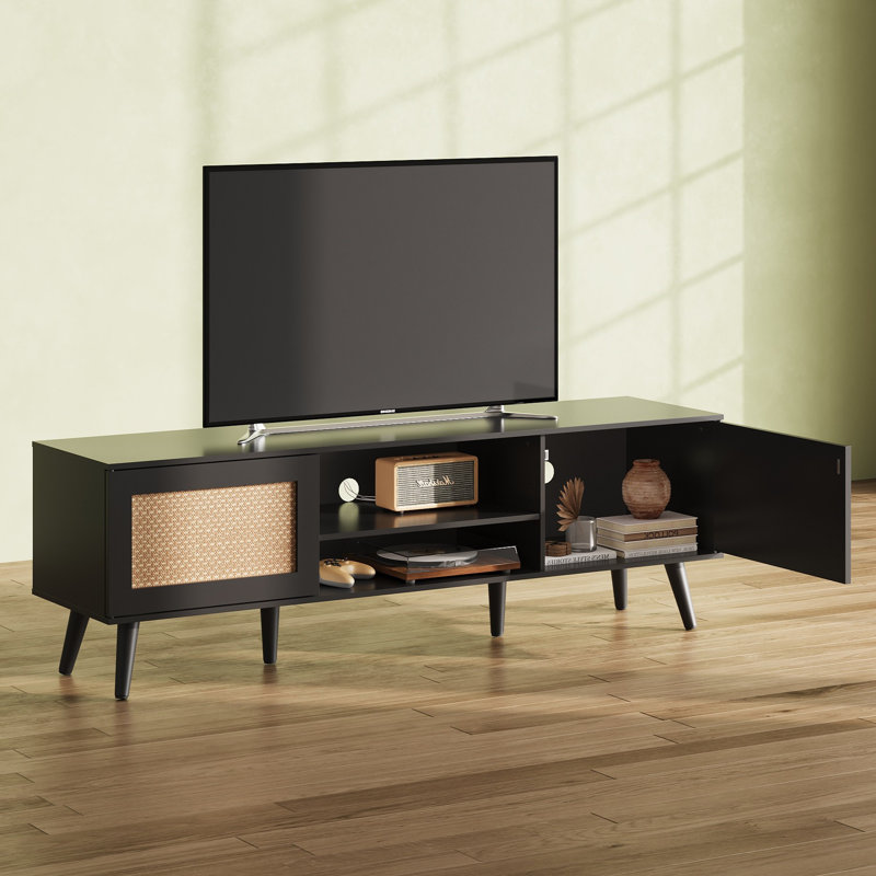 TV Stand For 65 Inch TV, 58" Boho Entertainment Center,  TV Console With 2 Storage Cabinets, Black