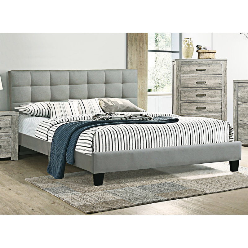 Tufted Headboard Platm Bedframe, Light Gray
