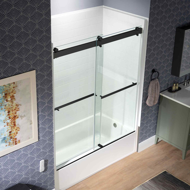 WOODBRIDGE 60" x 32" Alcove Soaking Bathtub & 4-Piece Direct-to-Stud Surround with Right Drain & 57.5–60" Frameless Double Sliding Tub Door with Soft-Close, Clear Tempered Glass, Matte Black