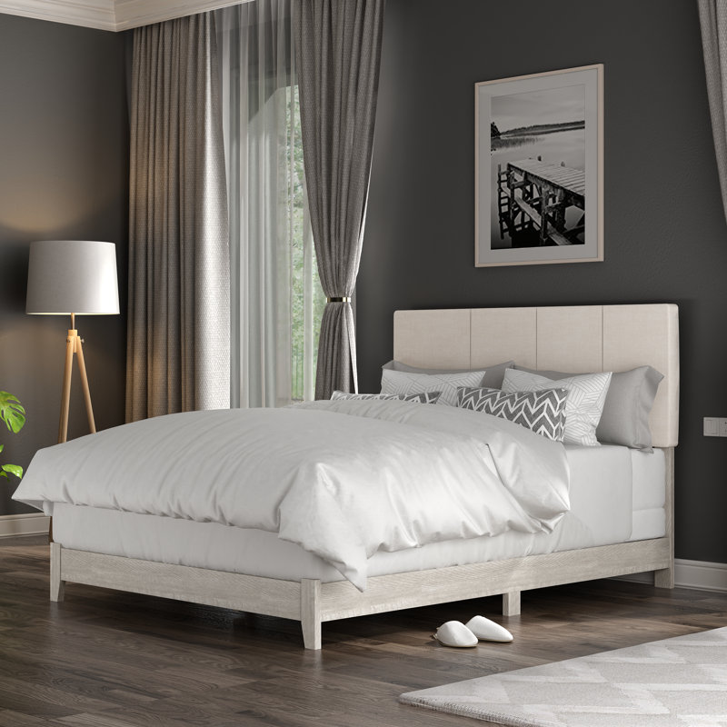 Arinola Upholstered Platform Bed, Dusty Gray Oak/Beige