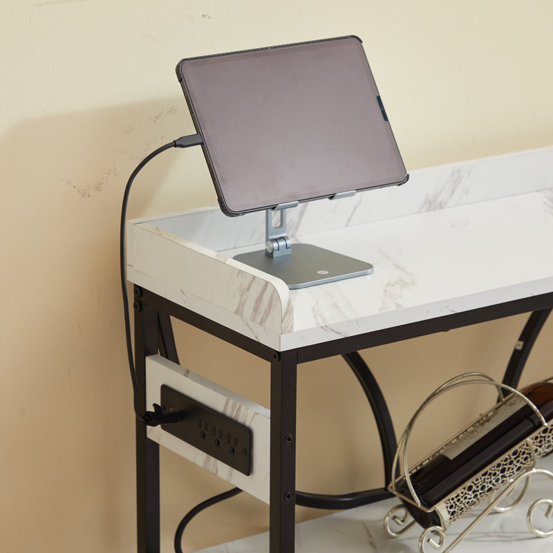 70.9" Marble White Console Table with Charging Ports and Metal Frame