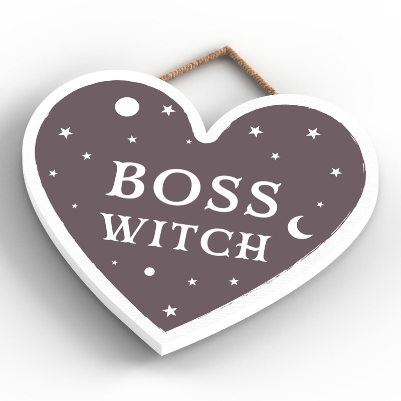 Boss Witch Wooden Heart Plaque, 16cm H x 17cm W x 0.9cm D