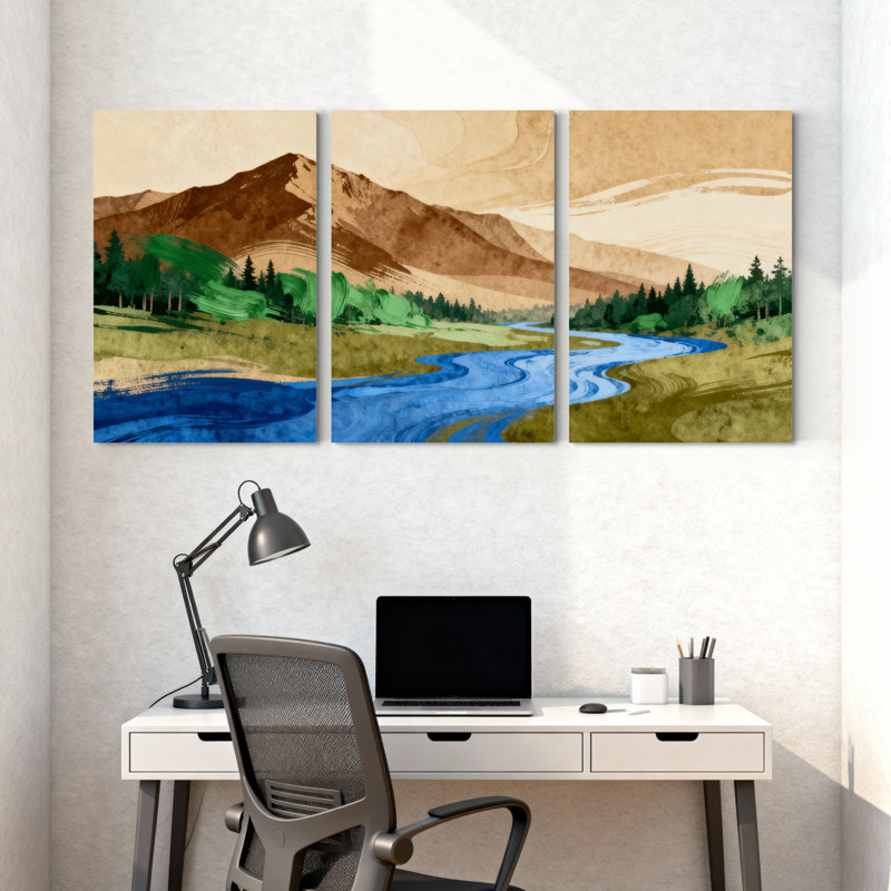 Scénario et paysages urbains, rivière de montagne, paysage, ensemble de 3 reproductions d'art sur toile, H 24 po x l 48 po