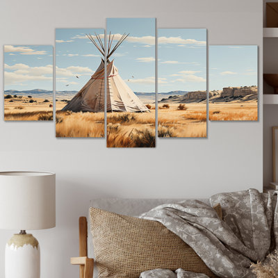 Beige Native Tipi Whispers Of Spirit - salon d'art mural amérindien - 5 panneaux