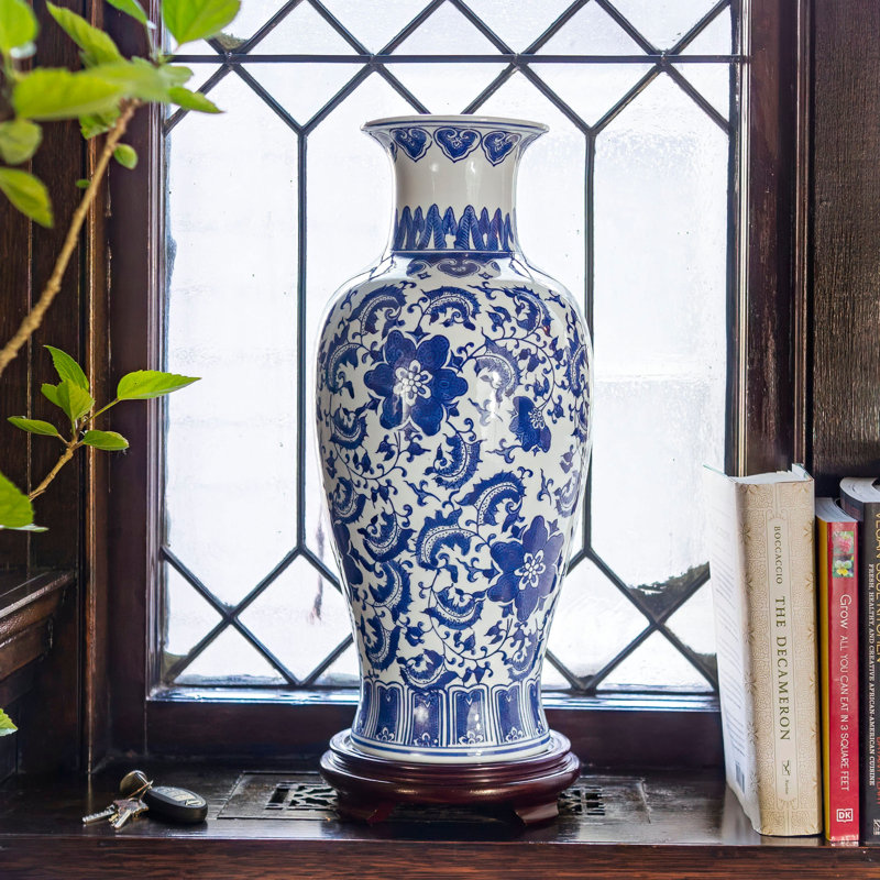 24" Blue And White Floral Porcelain Fishtail Vase, Blue, 18" H x 8.25" W x 8.25" D