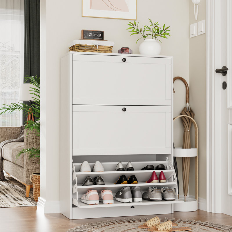 Shoe Storage Cabinet With 3 Flip Drawers And 2 Adjustable Internal Dividers For Up To 27 Pairs Of Shoes