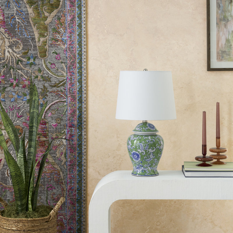 24" Green & Blue Floral Ginger-Jar Ceramic Traditional Table Lamp