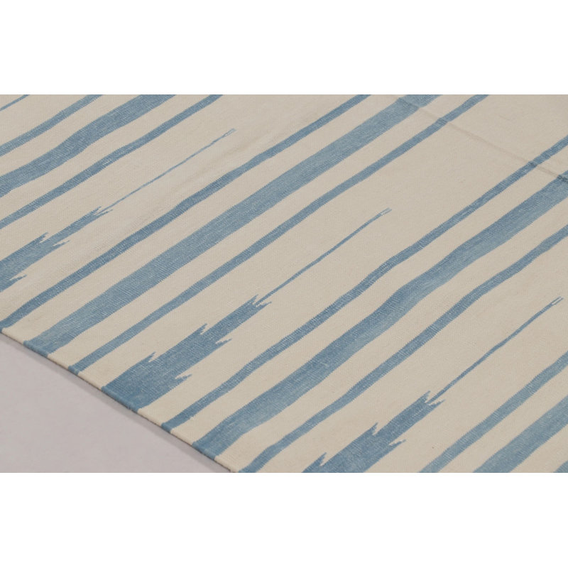 Rug & Kilim’S Indian Dhurrie Rug In Ivory And Blue Stripes