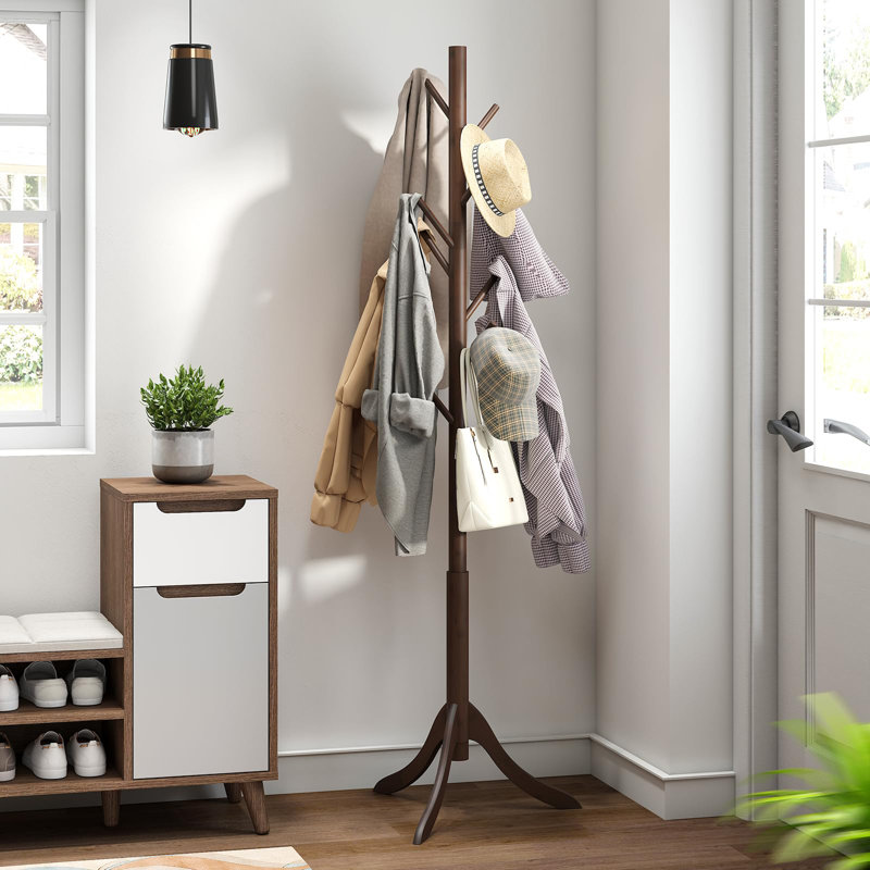 Bamboo Wood Coat Rack Stand, Freestanding Coat Tree With 8 Hooks, Hallway Entryway Hat Hanger Organizer Standing For Bedroom, Office, Clothes, Jackets, Bags, Umbrallas