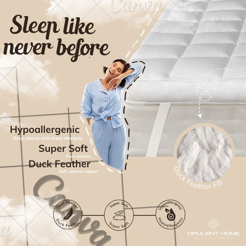 Opulent Home Duck Feather Mattress Topper – Proof T233 Cotton Cover Bed Cushioning, Double (4'6)