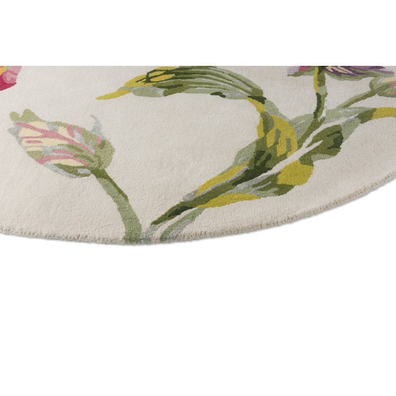 Tapis floral beige en laine touffeté à la main, Rond 6 pi 7 po
