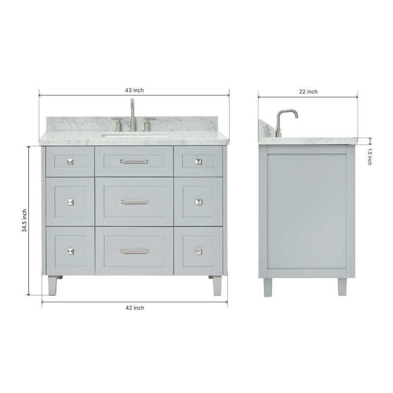 ARIEL Monroe 48 Single Sink Bathroom Vanity with Carrara Quartz Top, Gray, 42" - 43", Italian Carrara Marble