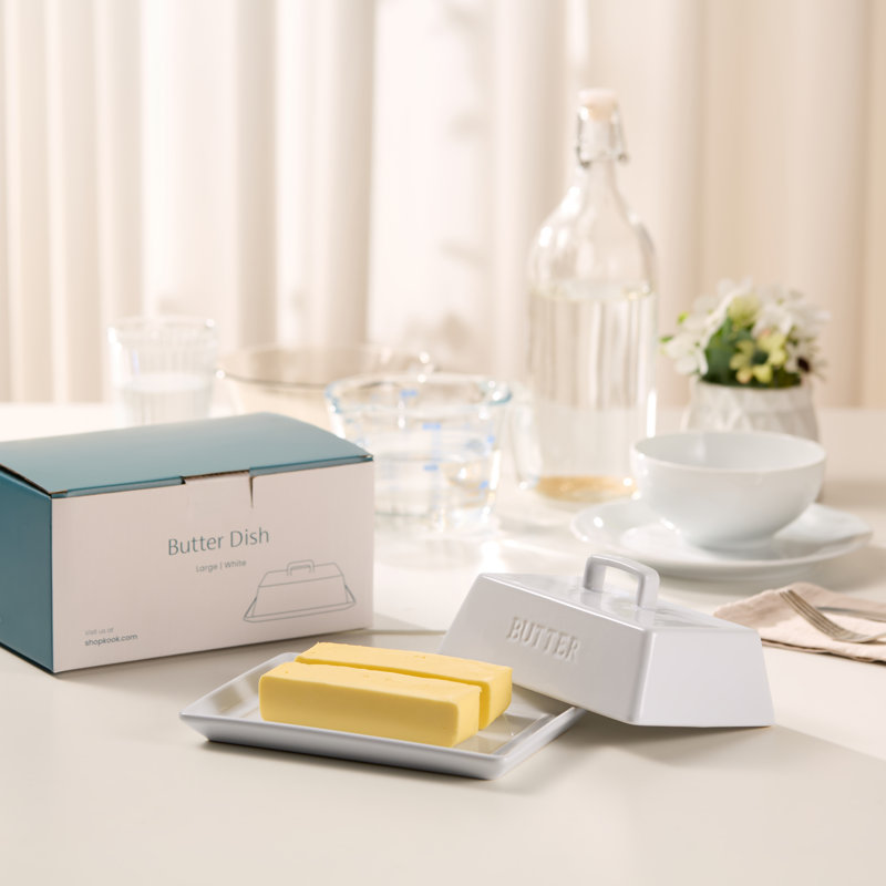 Kook Ceramic Extra Large Butter Dish With Lid, Embossed, White
