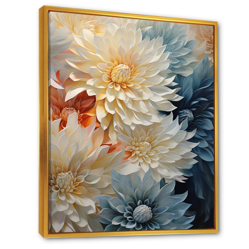 «White Mums In Blue Dream II», reproduction sur toile, Cadre flottant doré, H 40 po x l 30 po x P 1,5 po