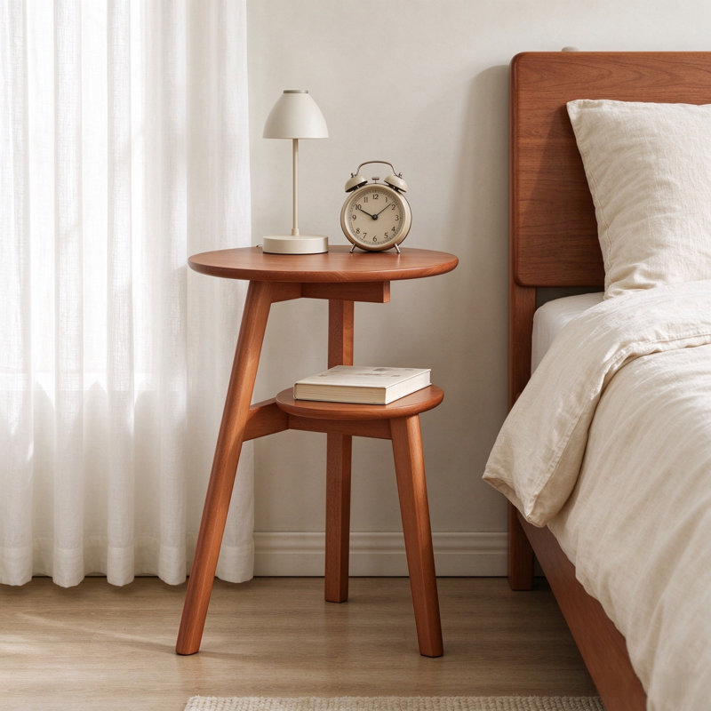 Table d'appoint ronde à 2 niveaux en bois massif avec tablette de rangement pour salon et chambre à coucher, couleur naturelle