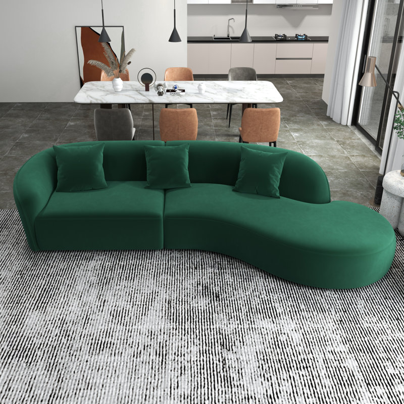 126" Japandi Style Luxury Modern Velvet Curvy Couch, Green Velvet