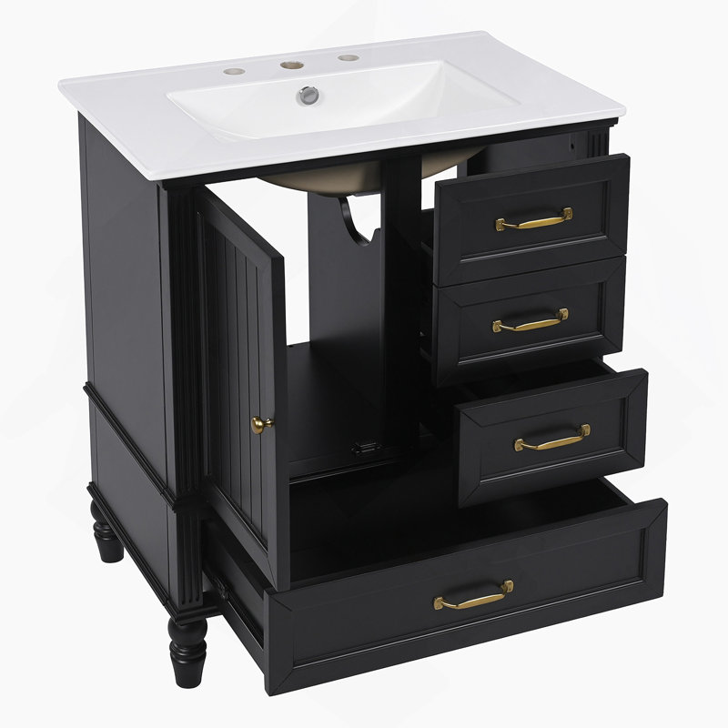 Meuble-lavabo de 30 po avec lavabo, armoire de salle de bain avec porte, trois tiroirs, pieds en bois massif et panneau de fibres à densité moyenne, patins réglables, noir (autre couleur: N725P195409K)