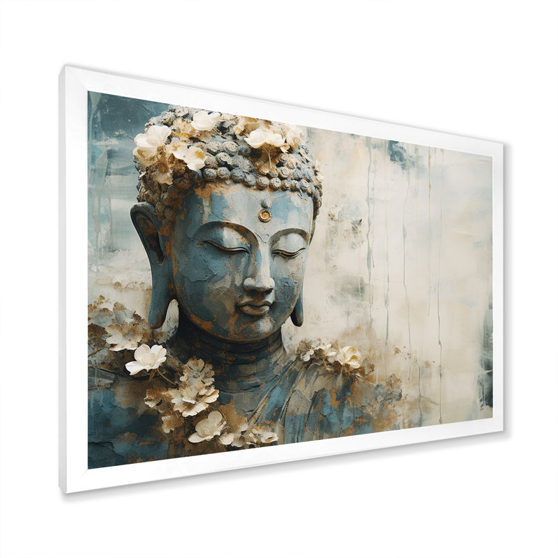 Religious Buddhism Statue On Canvas Print, 16" H x 32" W x 1" D, White Framed