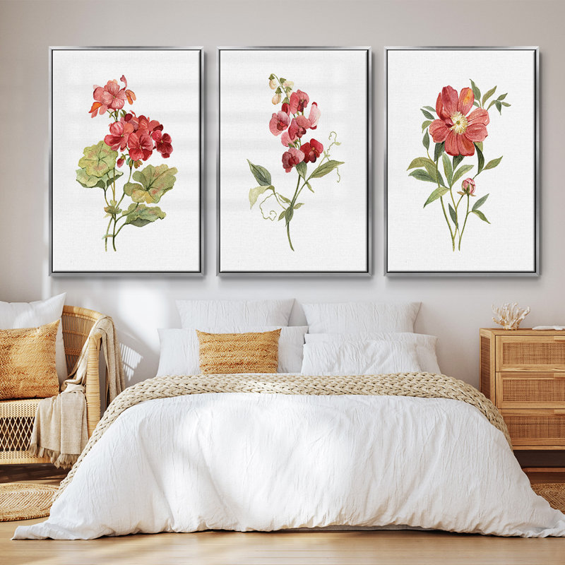 Ensemble de 3 pièces encadrées sur toile géranium écarlate, Argent, H 40 po x l 78 po