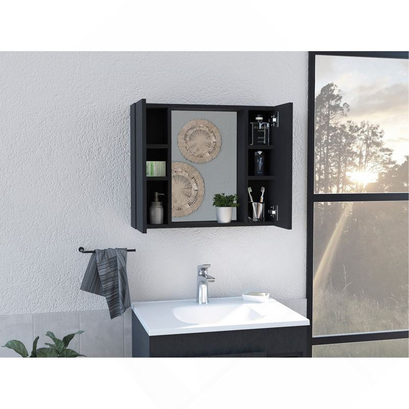 Armoire à pharmacie, double porte, miroir, une tablette extérieure - noir, Noir