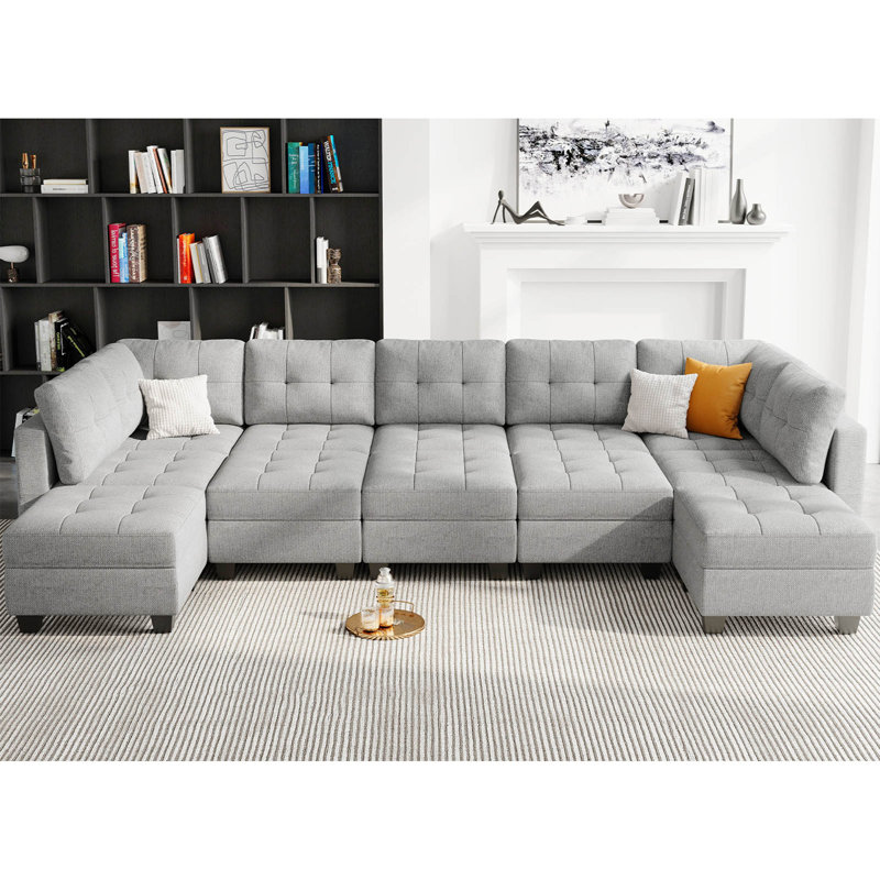 Soneson Ivery 143'' Wide Linen Large U Shaped Storage Sectional Modular Couch Variable Living room Sofa Bed Tufted Cushion Sleeper