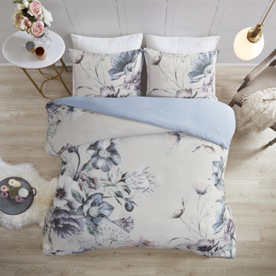 Housse de couette très grand / très grand 3 pièces - Style avec imprimé floral attrayant, combinaison de couleurs douces, comprend 1 et 2 taies décoratives, attaches de coin à fermeture à boutons, literie délicate en coton imprimé à thème