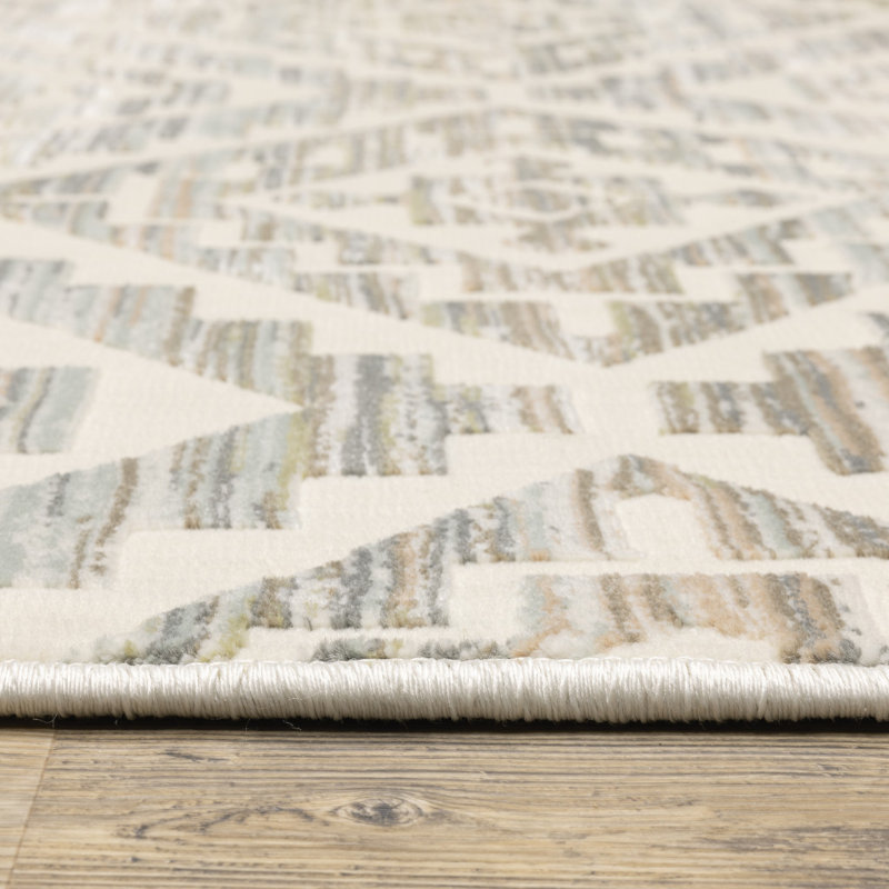 Tapis gris / crème / vert en polypropylène tissé à la machine Hinch, Rectangle 9 pi 10 po x 12 pi 10 po