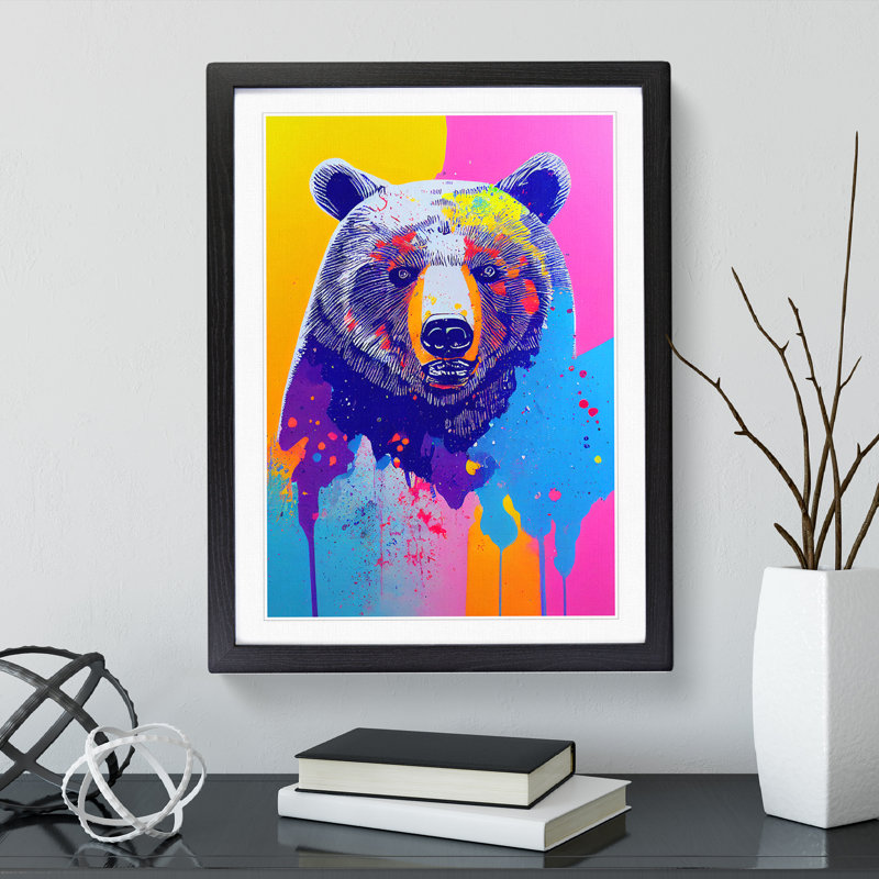 Colourful Bear No.1 - Wall Art, Black Framed, 48cm H x 36cm W, White