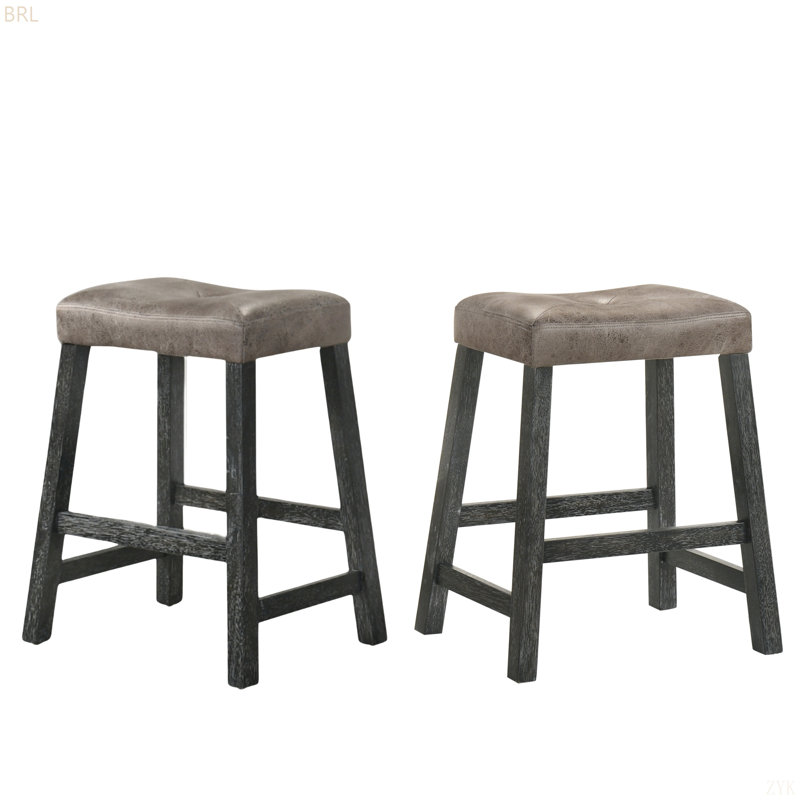 Rustic Backless Counter Stool Set Of 2 – 25 Inch Wooden Farmhouse Barstool With Leather Seat,Sturdy Frame – Space-Saving Counter-Height Seating For Kitchen & Bar