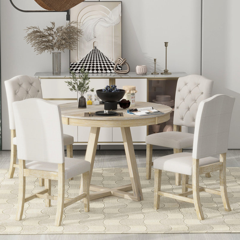 Natural 5 Configuration de salle à manger - Table de 42 à 58 po avec rallonge de 16 po et chaises confortables avec 4 sièges rembourrés (naturel