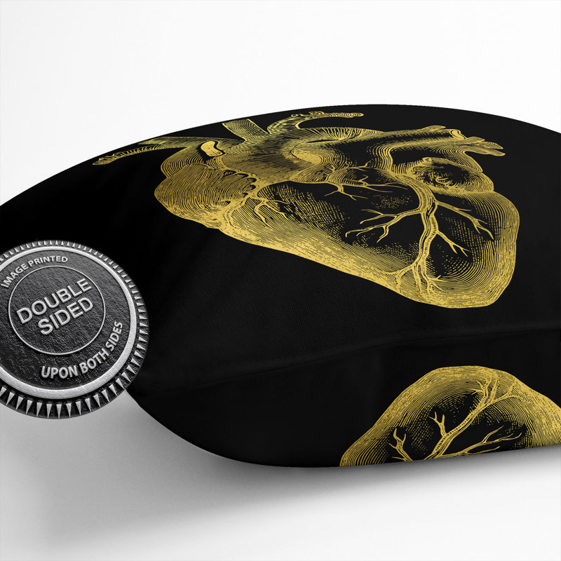 Black Gold Anatomical Heart Scatter Cushion, 40cm H x 40cm W x 15cm D