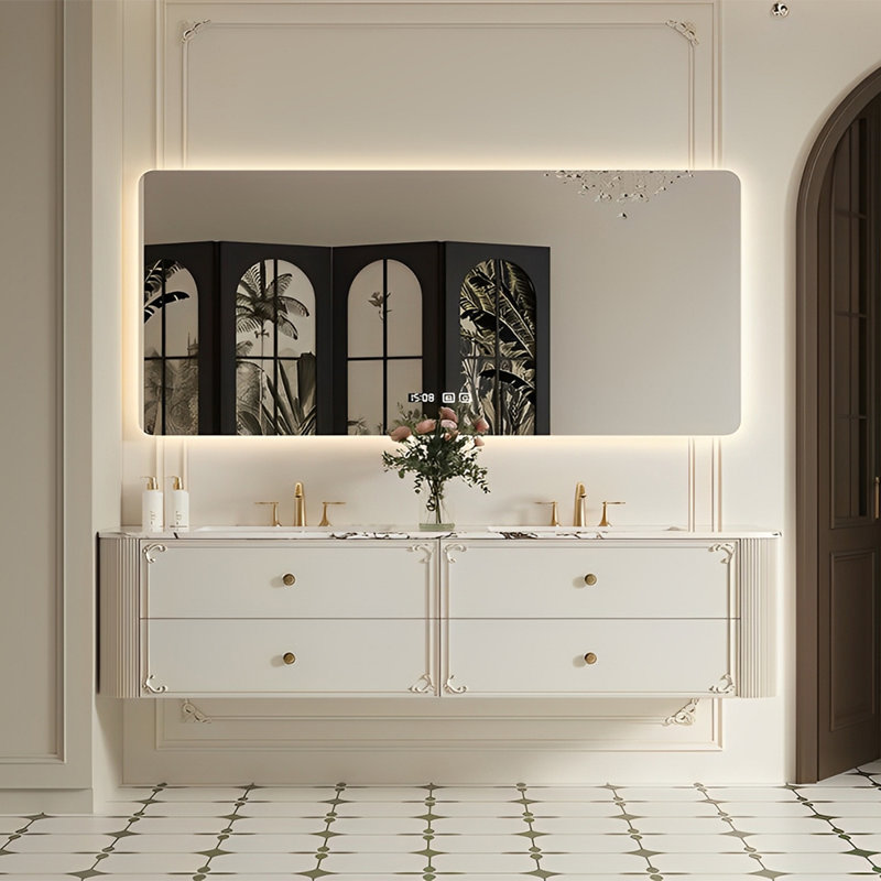 Armoire de salle de bain à double cuve de style rétro, Blanc cassé / blanc, H 21,65 po x l 62,99 po x P 21,65 po