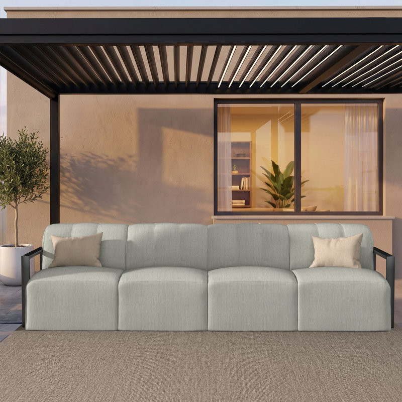 Canapé d'angle modulaire moderne en aluminium à structure ouverte, grand format, 4 pièces, avec coussins Sunbrella