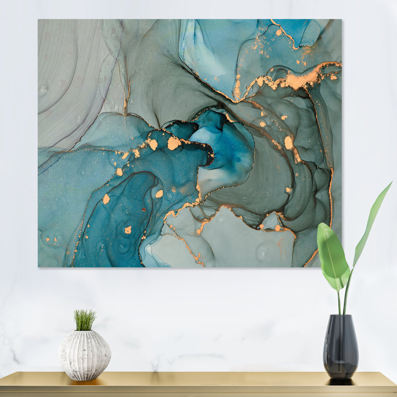 Turquoise doré infusé de marbre - reproduction sur toile, Toile tendue, H 30 po x l 40 po, No Frame