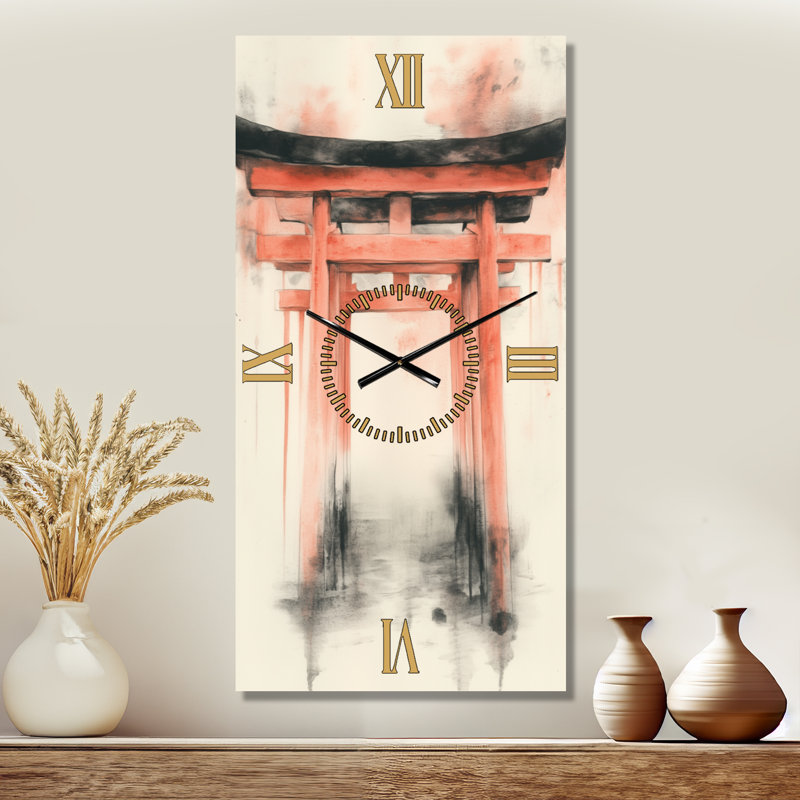 Horloge murale asiatique en métal Torii rouge calme - orange, H 32 po x l 16 po - Rectangle